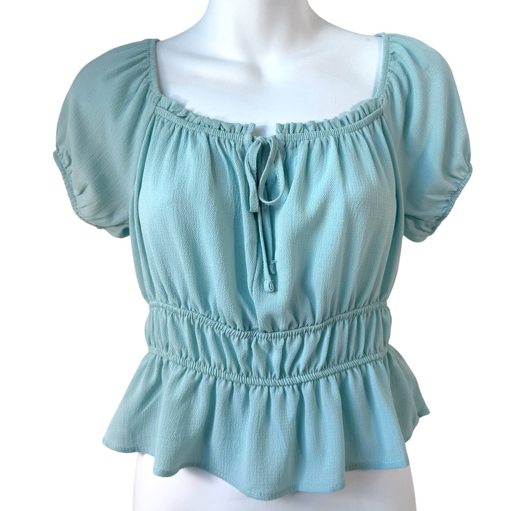 Coquette Peasant Peplum Top Womens Small Blue Smocked Puff Sleeve Boho Soft Girl